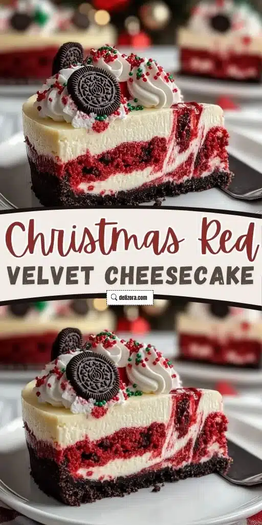 Decadent red velvet cheesecake with festive holiday decorations