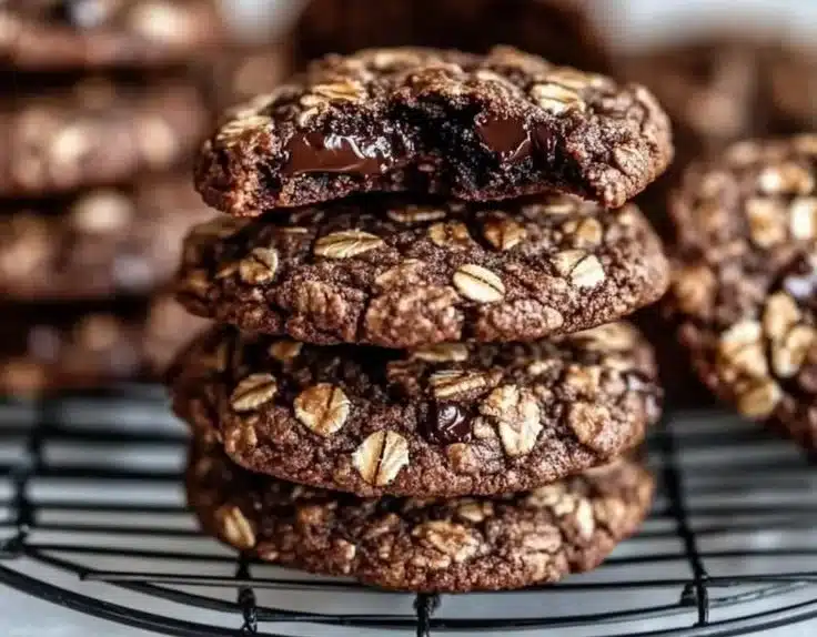 Decadent dark chocolate oatmeal cookies on a baking tray.