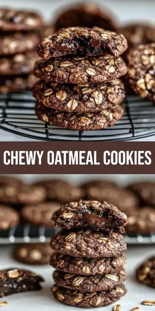 Decadent dark chocolate oatmeal cookies on a rustic wooden surface