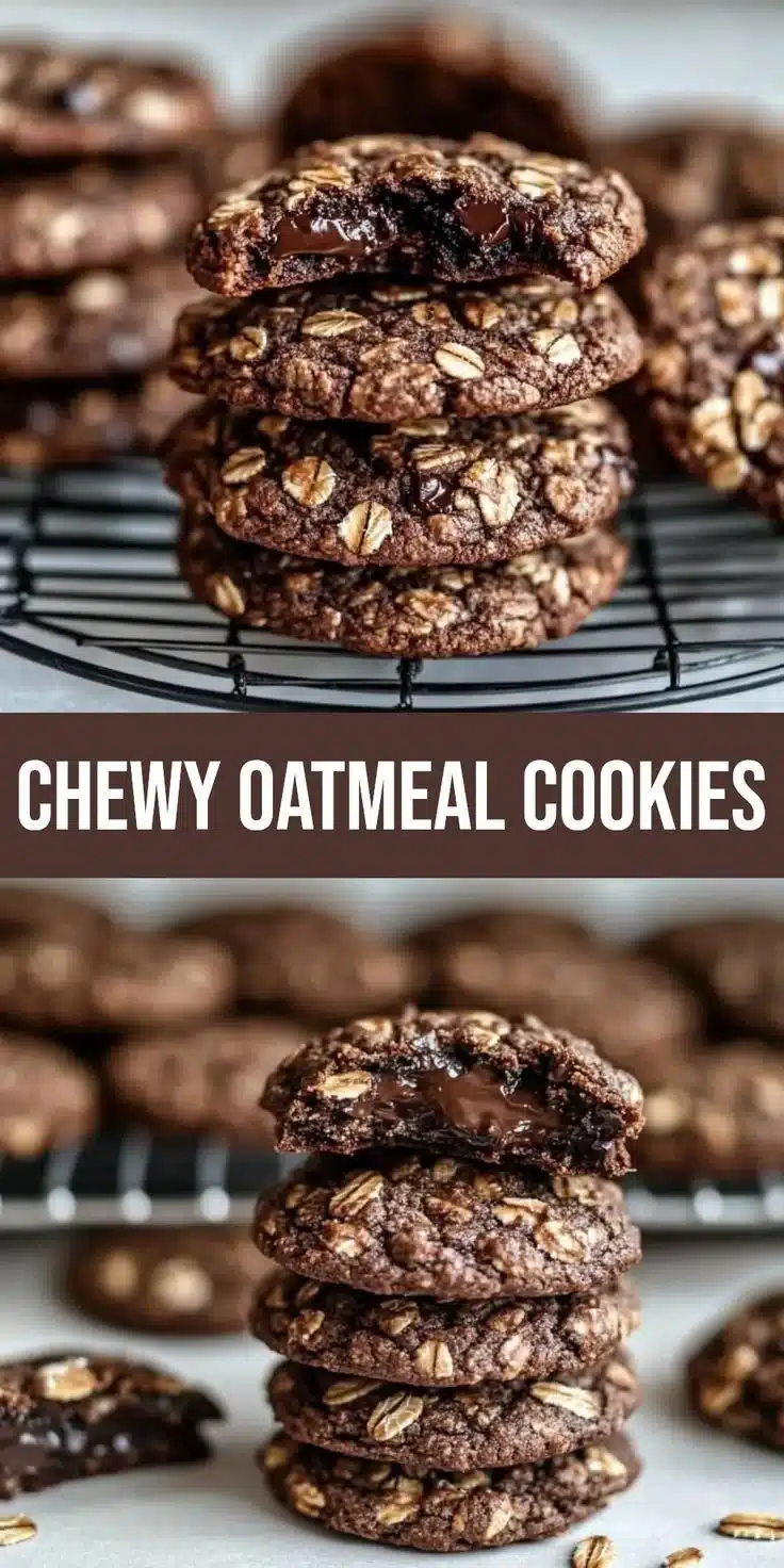 Decadent dark chocolate oatmeal cookies on a rustic wooden surface