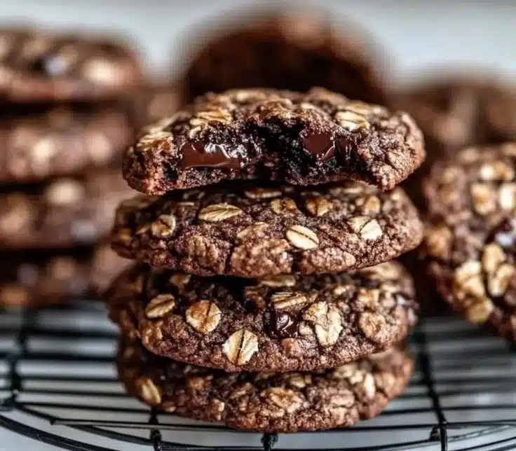 Delicious homemade dark chocolate oatmeal cookies on a cooling rack