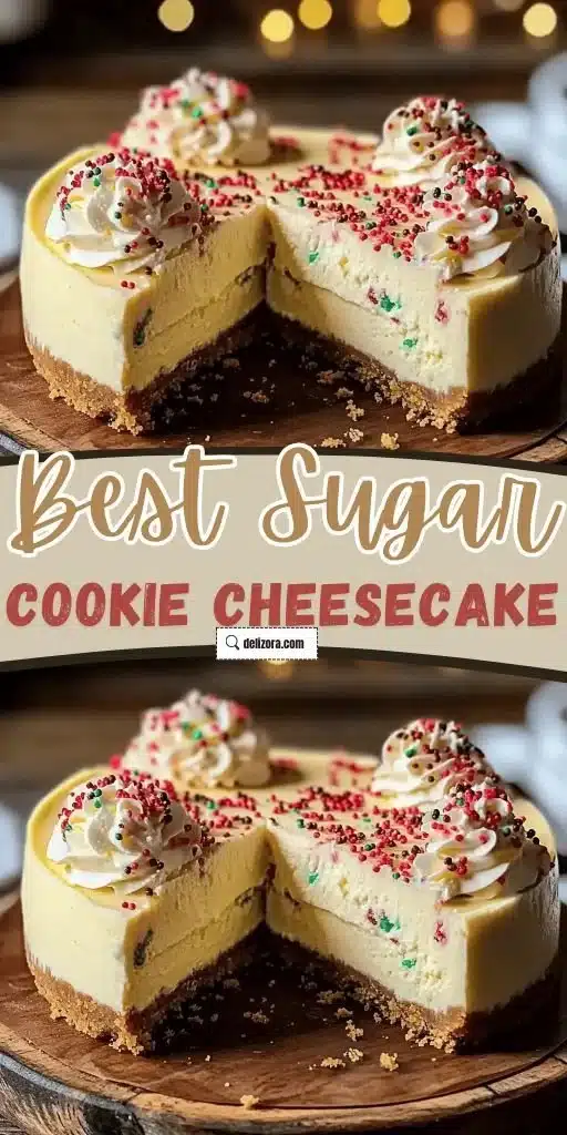 Decadent sugar cookie cheesecake topped with sprinkles and a cookie crust