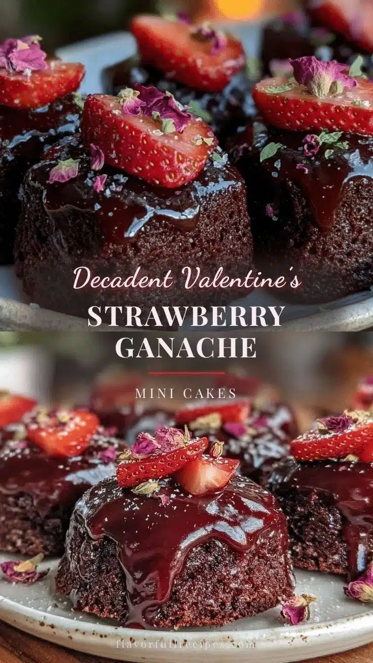 Decadent Valentine's strawberry ganache mini cakes displayed on a romantic table
