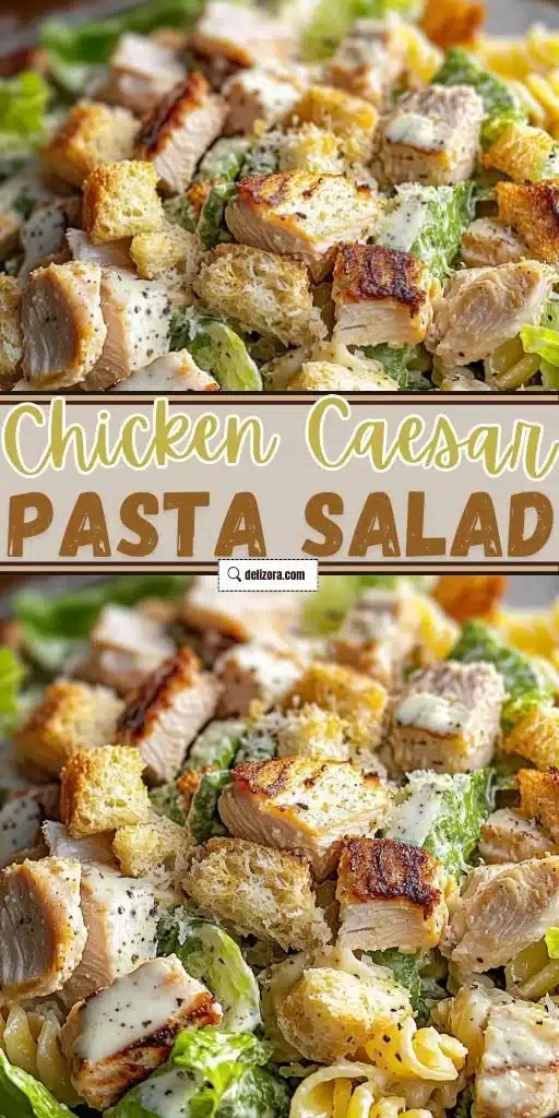Delicious Chicken Caesar Pasta Salad for Easy Weeknight Meals 5 A bowl of Chicken Caesar Pasta Salad with grilled chicken, greens, and dressing