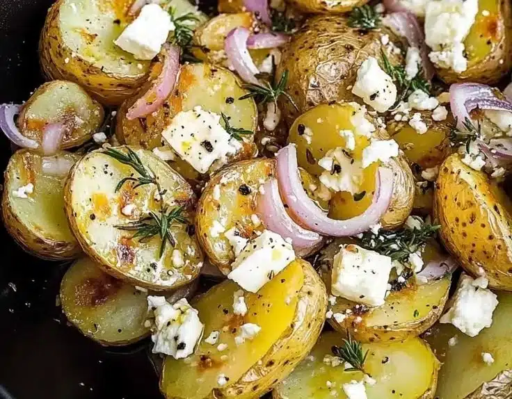 Delicious Greek Smashed Potatoes with Feta 7 A bowl of delicious Greek smashed potatoes topped with feta cheese and herbs