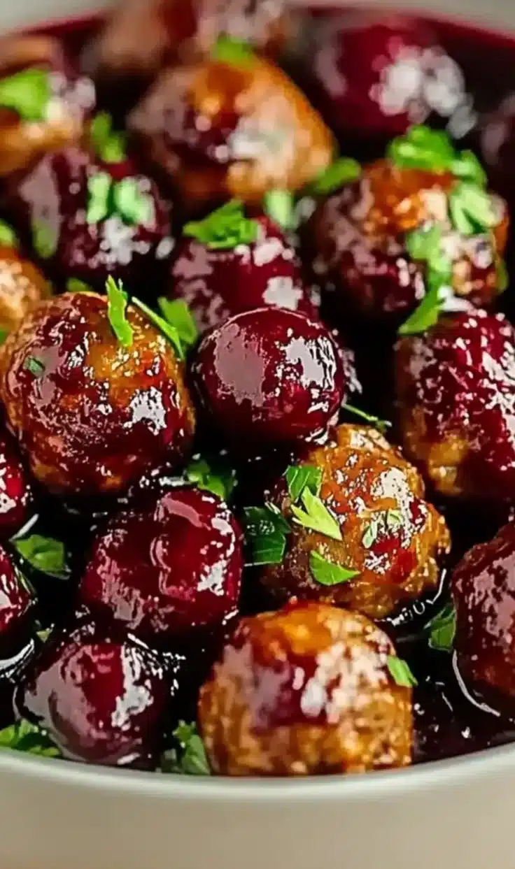 Delicious Christmas meatballs with cranberry sauce, perfect for holiday gatherings