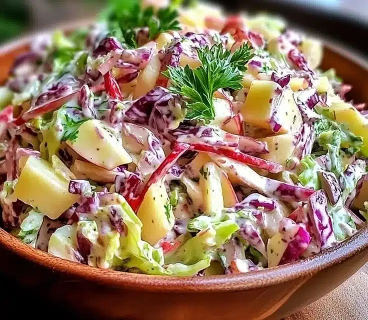 Creamy cranberry apple coleslaw in a bowl garnished with herbs.