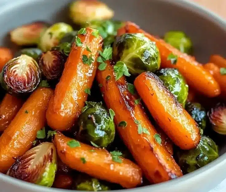 Crispy maple glazed carrots and Brussels sprouts served on a plate