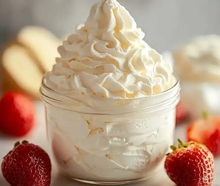 Bowl of fluffy vanilla whipped cream ready to top desserts