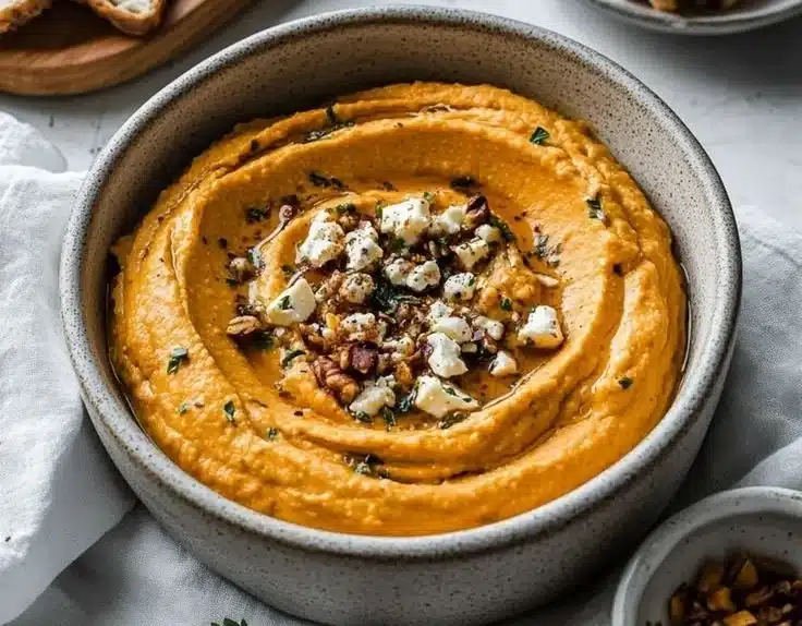 Bowl of creamy pumpkin whipped feta dip garnished with herbs