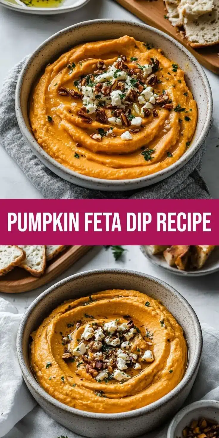 Delicious pumpkin whipped feta dip served in a bowl with crackers on the side.