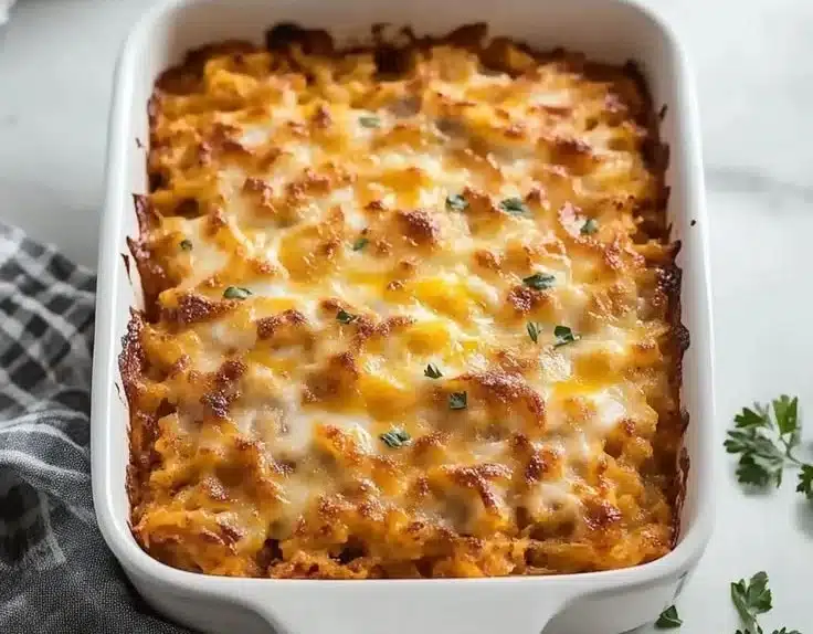 Delicious egg hashbrown casserole served on a plate for breakfast