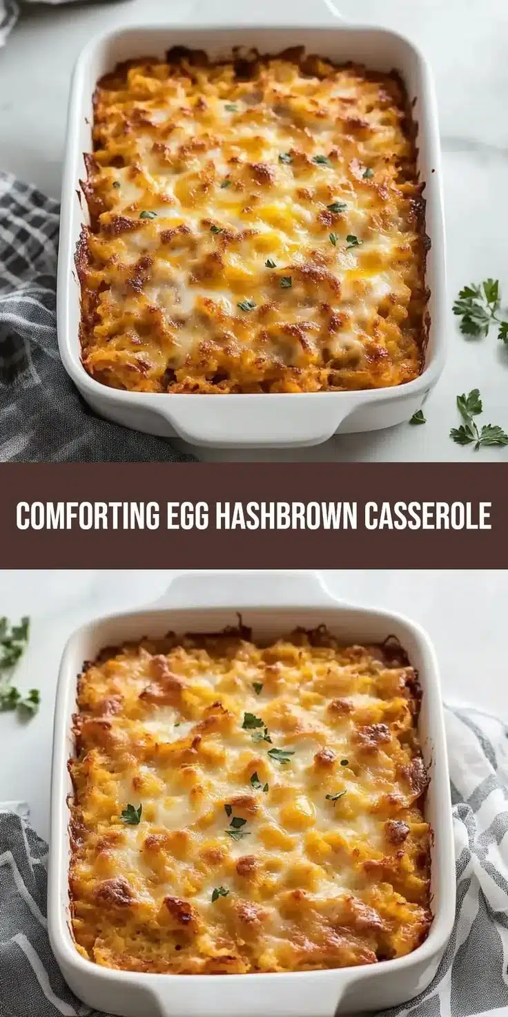 Easy egg hashbrown casserole served in a cozy breakfast setting.