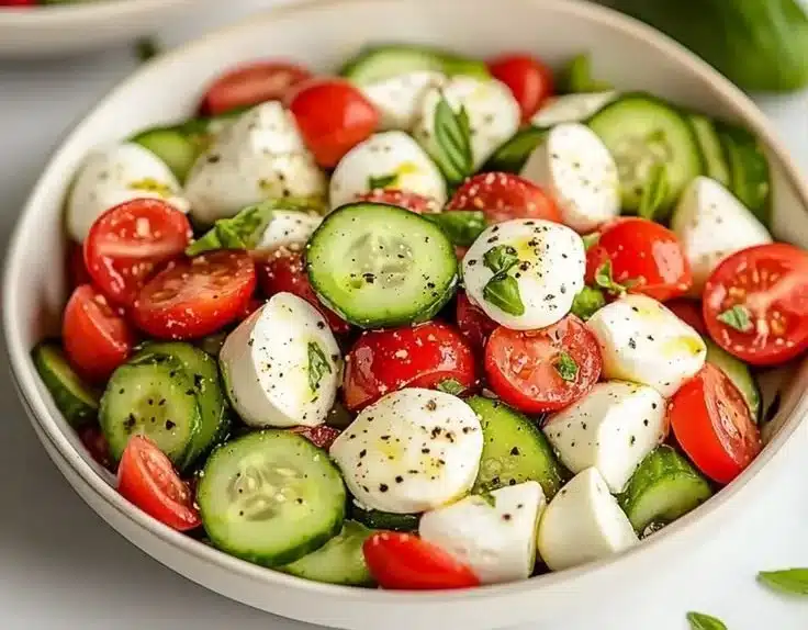 Fresh cucumber caprese salad with tomatoes, mozzarella, and basil drizzled with balsamic glaze