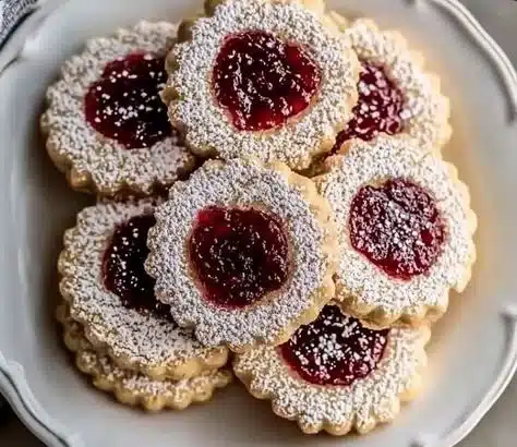 Delicious Linzer cookies with raspberry jam filling on a plate