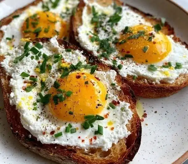 Delicious Egg and Ricotta Toast topped with fresh herbs and spices