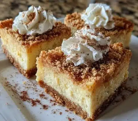 Delicious eggnog cheesecake bars garnished with whipped cream and nutmeg