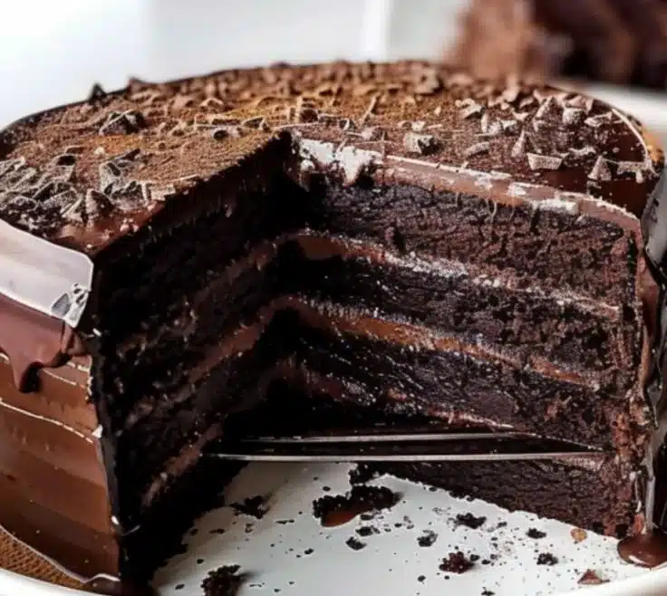 Slice of decadent Espresso Dark Chocolate Midnight Cake topped with chocolate shavings.