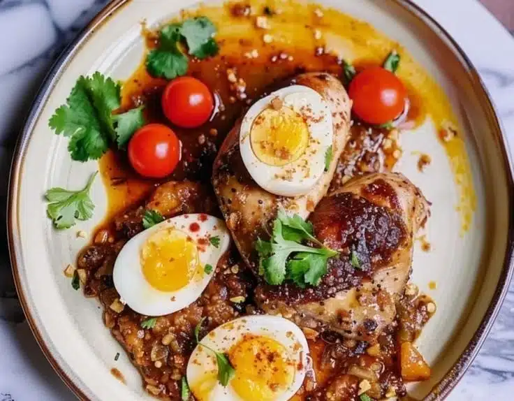 Plate of Ethiopian spiced chicken served with injera and vegetables.