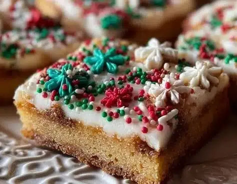 Festive Christmas Sugar Cookie Bars decorated with colorful sprinkles