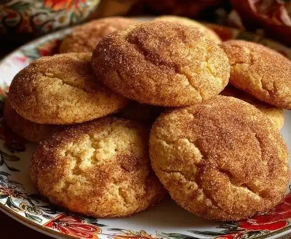 Plate of creamy eggnog snickerdoodles with spiced sugar coating