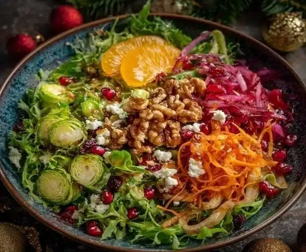 Festive crunchy Christmas salad with citrus vinaigrette in a holiday setting.