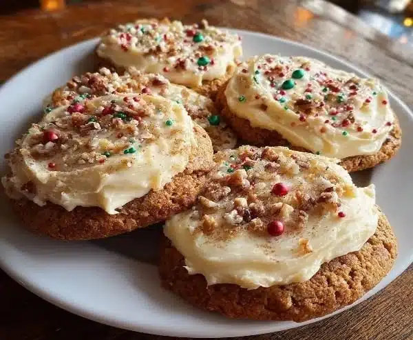 Festive spiced Christmas cookies decorated with creamy frosting