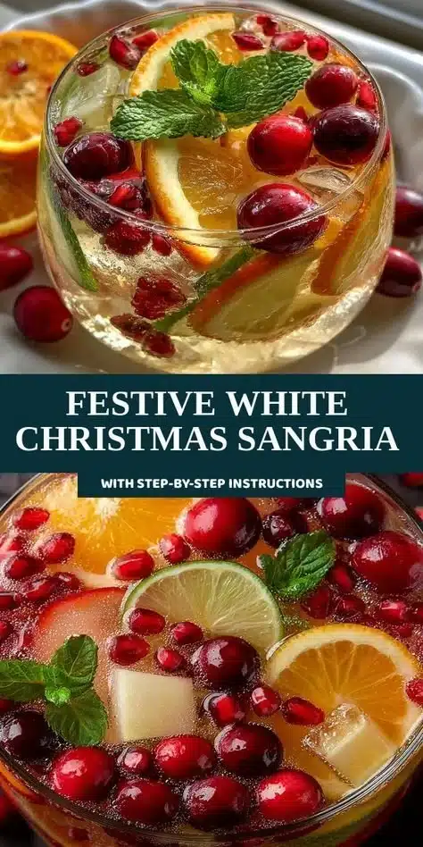 A glass of festive white Christmas sangria with seasonal fruits and spices.