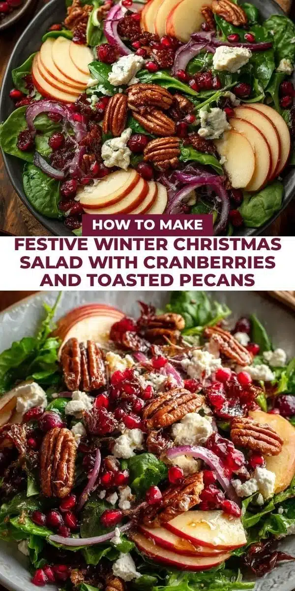 Festive winter Christmas salad with cranberries and toasted pecans in a bowl
