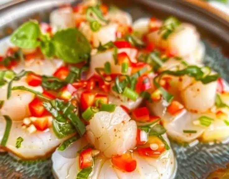 Elegant finger lime and scallop crudo garnished with fresh herbs and citrus.