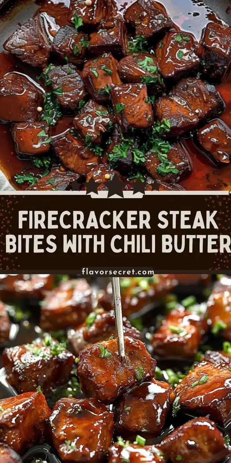 Firecracker steak bites drizzled with chili butter on a serving platter