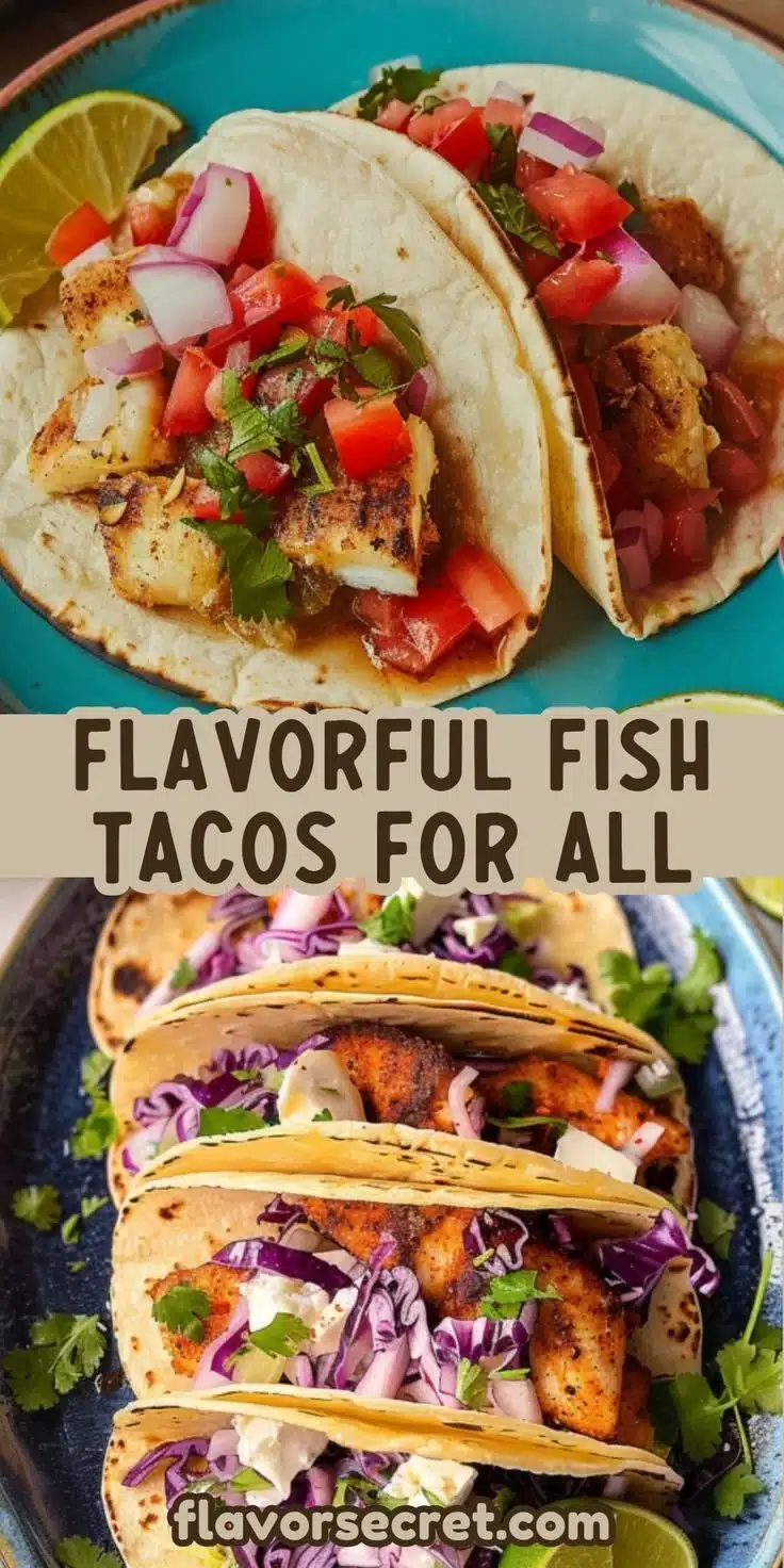 Plate of fresh fish tacos garnished with cilantro and lime.