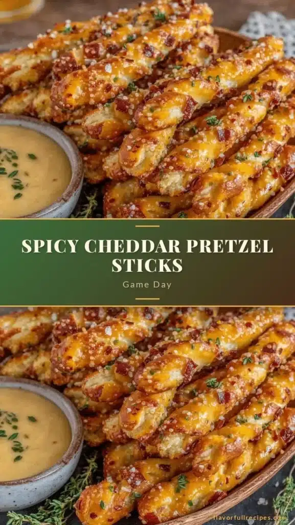Flavorful spicy cheddar pretzel sticks perfect for game day snacking.