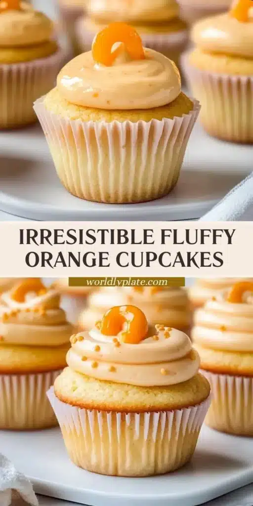 Fluffy orange cupcakes topped with orange frosting on a decorative plate.