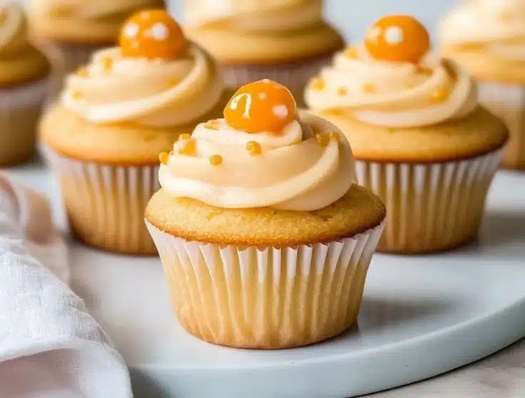 Fluffy orange cupcakes topped with cream and garnished with orange zest