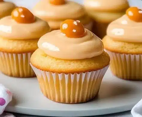Fluffy orange cupcakes topped with orange zest frosting
