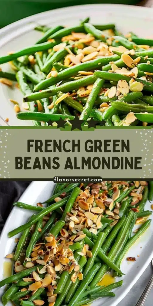 Plate of French Green Beans Almondine garnished with sliced almonds.