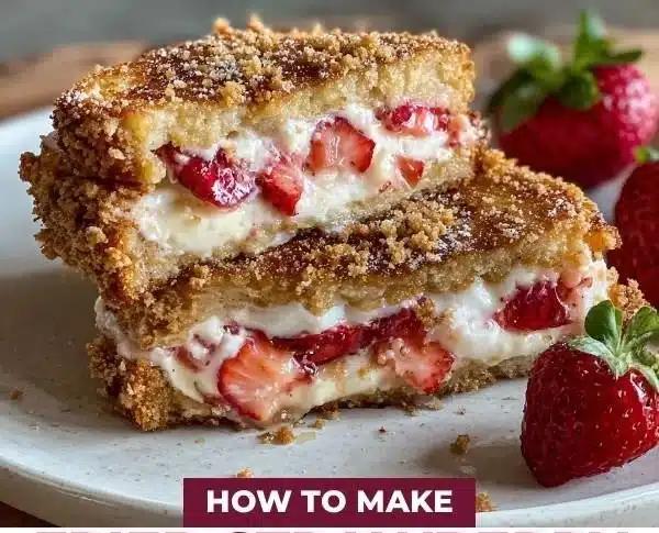 Delicious fried strawberry cheesecake sandwiches ready to be enjoyed.