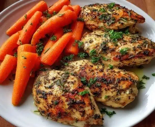 Garlic Herb Chicken served with steamed carrots on a plate