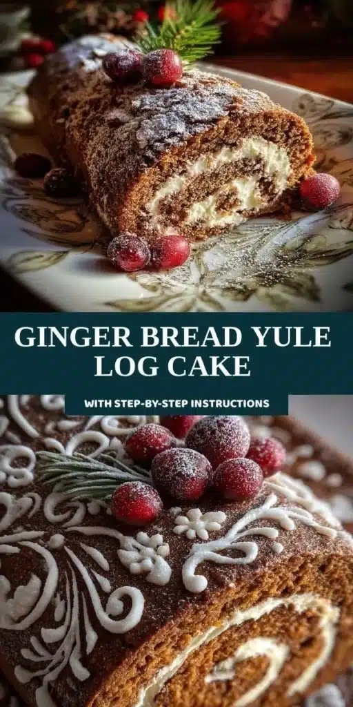 Ginger Bread Yule Log Cake decorated with festive toppings and icing.