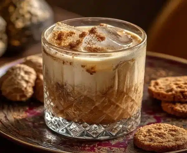 Gingerbread White Russian holiday cocktail garnished with cinnamon and a cookie.