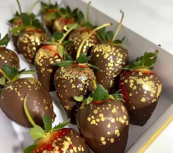 Gold-Dusted Chocolate Strawberries 9 Gold-dusted chocolate strawberries elegantly arranged for a gourmet treat
