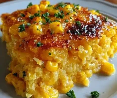 Golden Honey-Glazed Corn Casserole in a baking dish