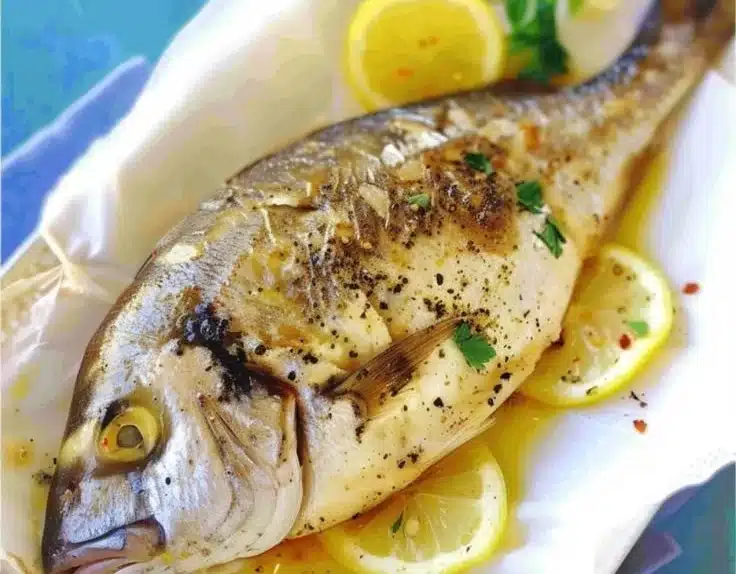 Deliciously roasted sea bream with lemon and garlic served on a plate.