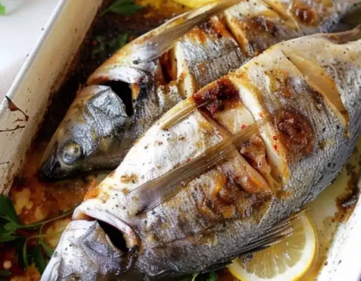 Greek Lemon-Garlic Roasted Sea Bream 6 Whole roasted Sea Bream with lemon and garlic, garnished with herbs