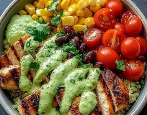 Grilled chicken quinoa bowls with creamy avocado sauce