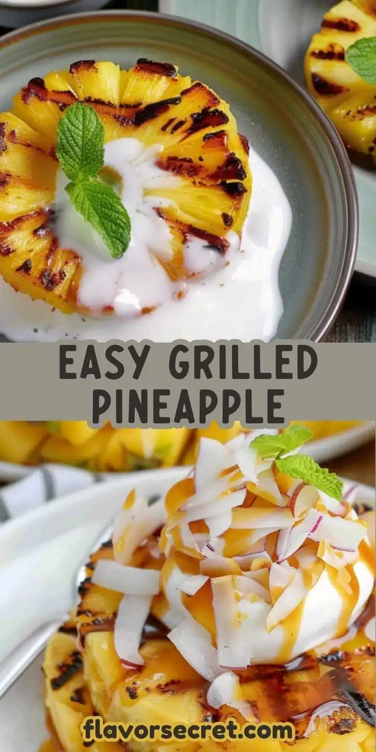 Delicious grilled pineapple slices topped with creamy coconut sauce