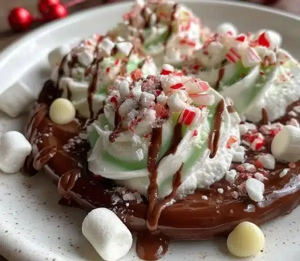 A festive cup of Grinch Hot Chocolate topped with whipped cream and holiday sprinkles.