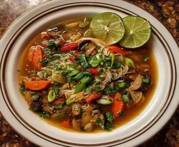 Bowl of healing ginger garlic broth with rice noodles, garnished with herbs