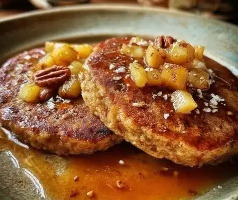 Healthy oat and apple pancakes stacked on a plate with fresh apples.